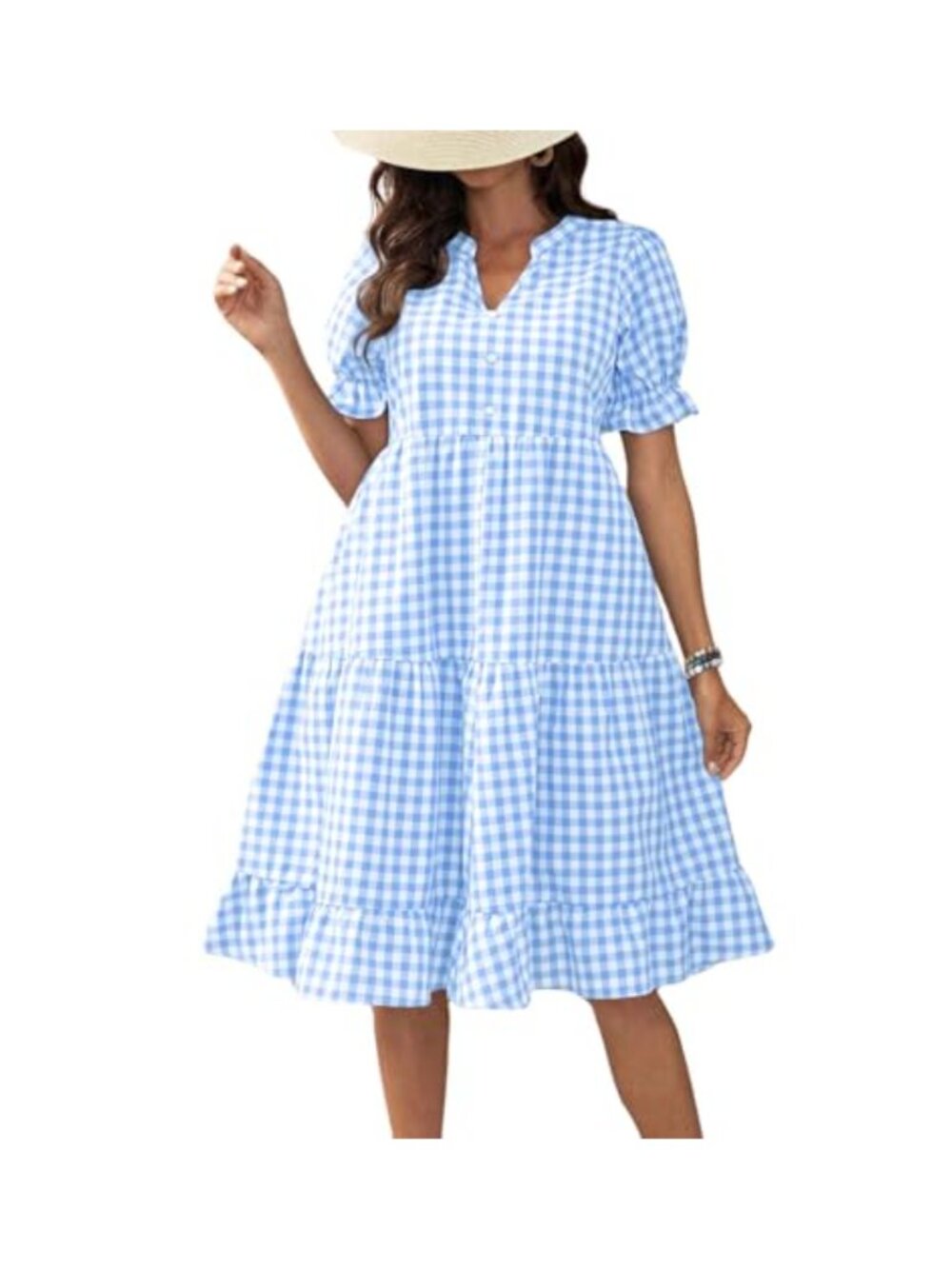 Y2K Plaid Babydoll Dress Puff Sleeve Ruffle Hem Retro Gingham Swing Midi